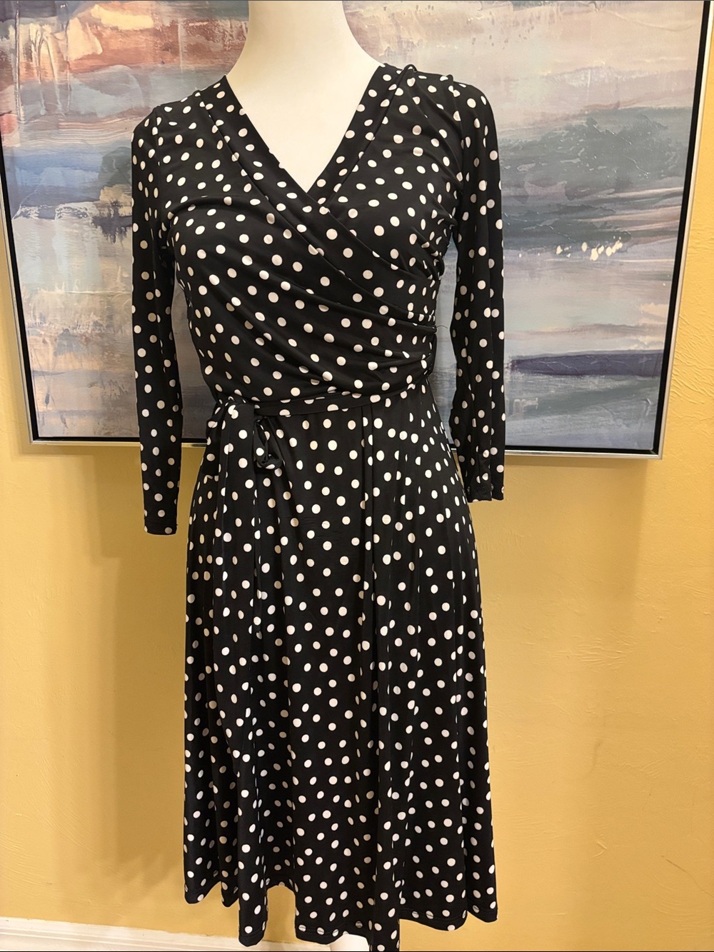 Women's Black & White Polka Dot Long Sleeve Wrap Dress